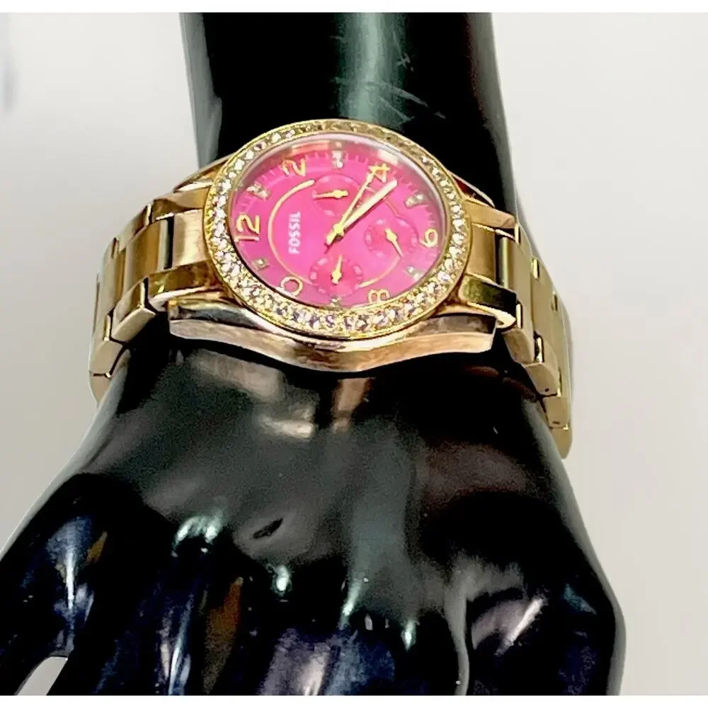 FOSSIL Women’s Gold Tone Crystal Bezel Pink Dial Watch ES3071
